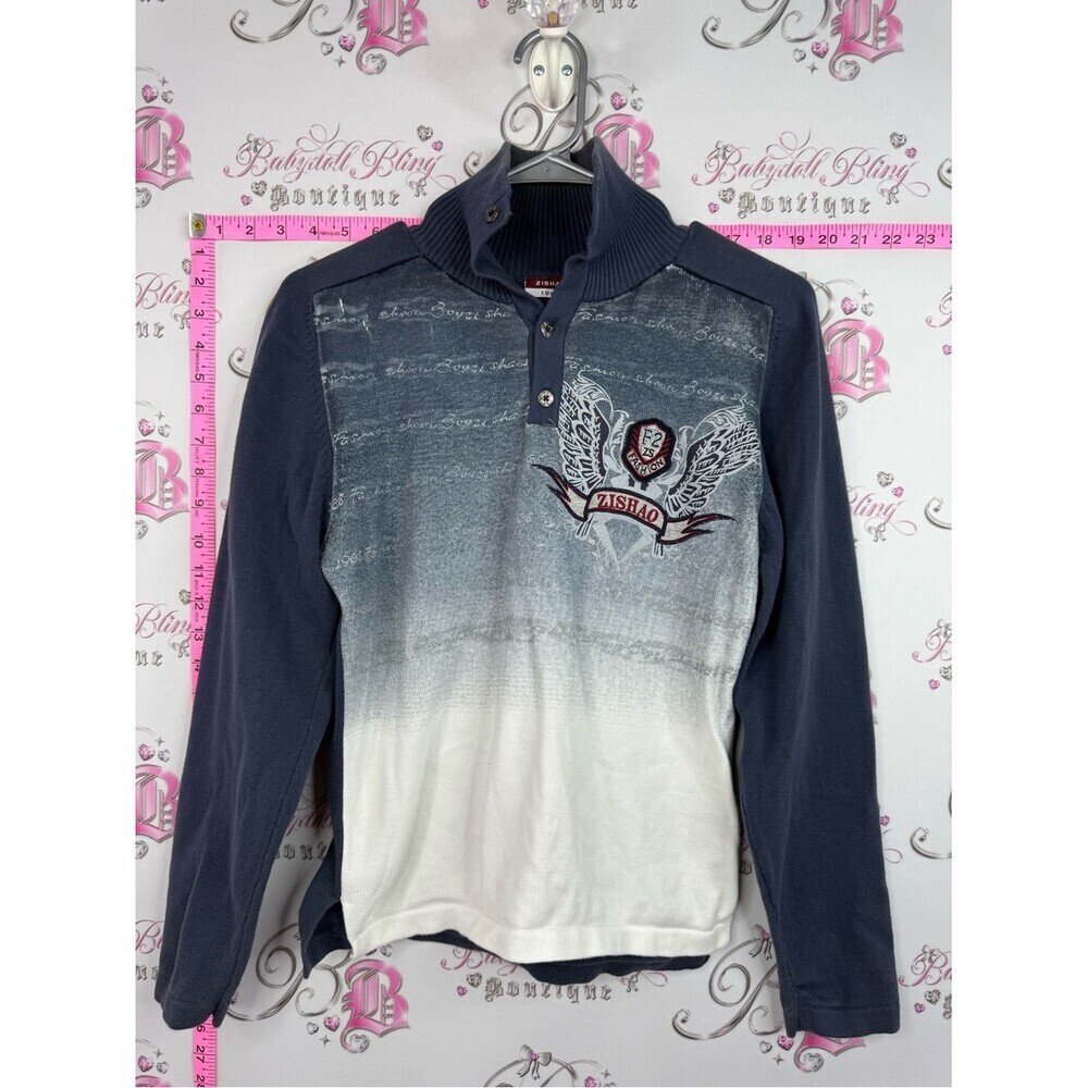 Sweater shirt Button Collar Ombre Pullover with Wing Crest